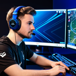 Focused Streamer**

"A professional eSports streamer fully engrossed in a game, wearing a gaming headset and a comfortable, branded jersey, bathed in the glow of multiple monitors. The background features a clean, modern gaming setup with RGB lighting. Perfect anatomy, correct proportions, natural pose, well-formed hands, proper finger count. Safe for work, appropriate content, fully clothed, professional, family-friendly, high quality."

**