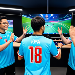 Strategic Team Huddle**

"A professional League of Legends eSports team (Dplus KIA inspired), fully clothed in team jerseys, gathered around a holographic game display in a modern, brightly lit training facility. The team is intensely focused, strategizing with hand gestures and positive expressions. The scene should convey teamwork, collaboration, and a sense of innovative tactics. Include advanced gaming equipment and monitors in the background. Perfect anatomy, correct proportions, natural poses, well-formed hands, proper finger count, natural body proportions, appropriate content, safe for work, professional, family-friendly, modest clothing."

**