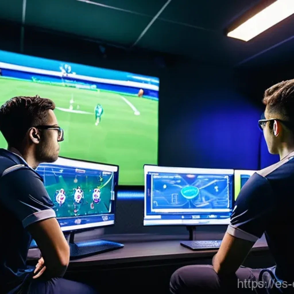 LOL e스포츠 코칭 시스템 - **Prompt:** A modern, high-tech esports coaching room bustling with activity. A male primary coach (...