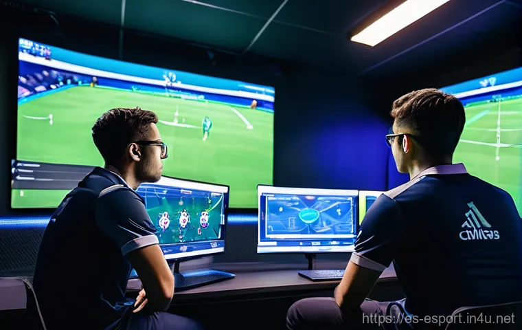 LOL e스포츠 코칭 시스템 - **Prompt:** A modern, high-tech esports coaching room bustling with activity. A male primary coach (...