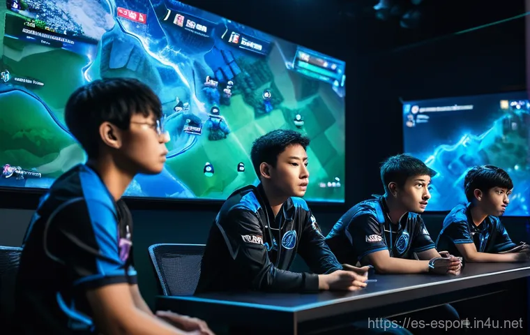 LOL e스포츠 코칭 시스템 - **Prompt:** A modern, high-tech esports coaching room bustling with activity. A male primary coach (...