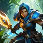 LOL 대전 전략 분석 - **Dynamic Jungle Gank:** A high-octane scene featuring a muscular female jungler in full, detailed f...