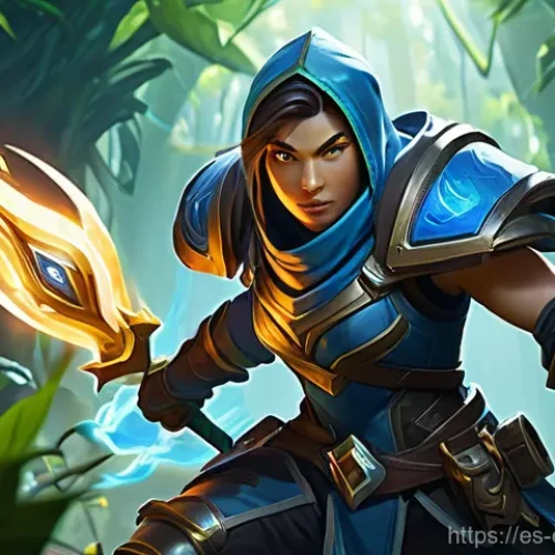 LOL 대전 전략 분석 - **Dynamic Jungle Gank:** A high-octane scene featuring a muscular female jungler in full, detailed f...