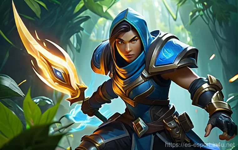 LOL 대전 전략 분석 - **Dynamic Jungle Gank:** A high-octane scene featuring a muscular female jungler in full, detailed f...