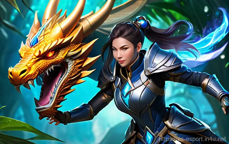 LOL 대전 전략 분석 - **Dynamic Jungle Gank:** A high-octane scene featuring a muscular female jungler in full, detailed f...