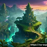 Home 22 LOL 소환사의 협곡 지도 변천사 - A highly detailed, modernized Summoner’s Rift map scene at twilight, showcasing dynamic lighting wit...