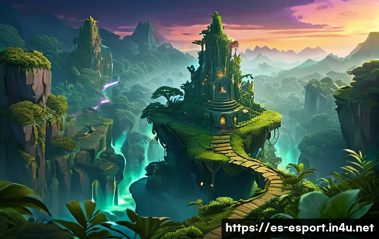 LOL 소환사의 협곡 지도 변천사 - A highly detailed, modernized Summoner&rsquo;s Rift map scene at twilight, showcasing dynamic lighting wit...
