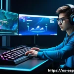 Home 21 LOL 과학 기술 활용 - A futuristic gaming room scene with a young adult player using a high-end mechanical keyboard and a ...