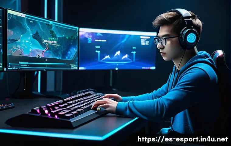 LOL 과학 기술 활용 - A futuristic gaming room scene with a young adult player using a high-end mechanical keyboard and a ...