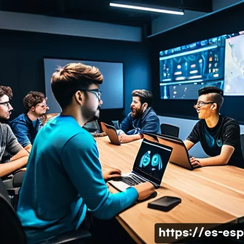 Home 32 LOL 클랜 시스템 가이드 - A dynamic and engaging esports clan meeting scene inside a modern gaming room filled with diverse yo...