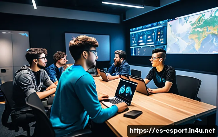 LOL 클랜 시스템 가이드 - A dynamic and engaging esports clan meeting scene inside a modern gaming room filled with diverse yo...