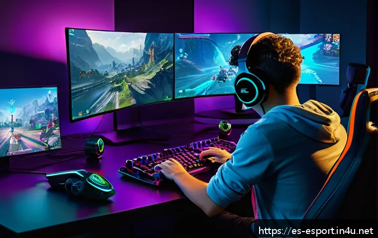 e스포츠 커뮤니티 플랫폼 - A vibrant virtual eSports community scene showing diverse gamers in their mid-teens to early twentie...