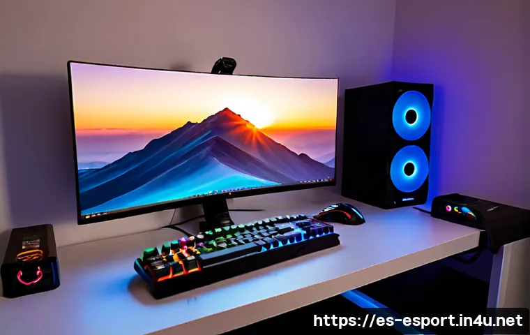e스포츠 전용 PC 구성 - Photorealistic high-performance esports gaming PC setup in a bright modern Spanish apartment, powerf...